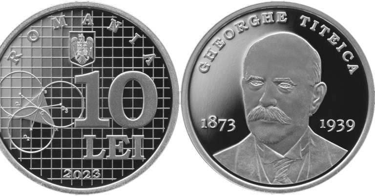Monedă din argint cu tema 150 de ani de la nașterea lui Gheorghe Țițeica