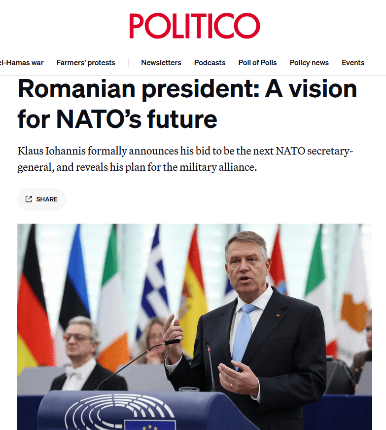 ”O viziune pentru viitorul NATO”, opinie Klaus Iohannis în Politico