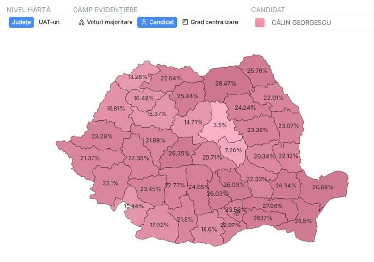 Geografia lui Călin Georgescu: harta votului pe județe