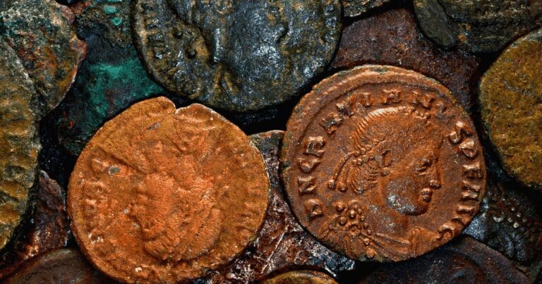 Un vas plin cu monede romane, descoperit într-o pădure din Prahova